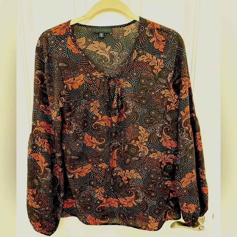Sanctuary Flare Sleeve Keyhole Floral Brown Women's MEDIUM Blouse